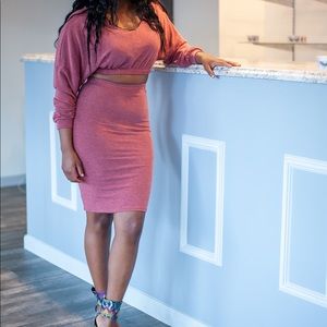 pinkish red two piece skirts set.